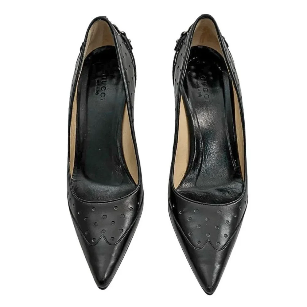 Gucci Interlocking G Black Leather Perforated Pumps Size 6 Womens High Heels - Picture 3 of 13